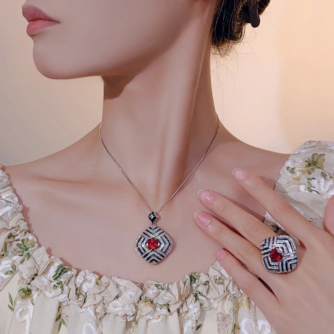 S&S Gold Plated Red Corundum Square Zircon Pendant & Ring Set – Collection