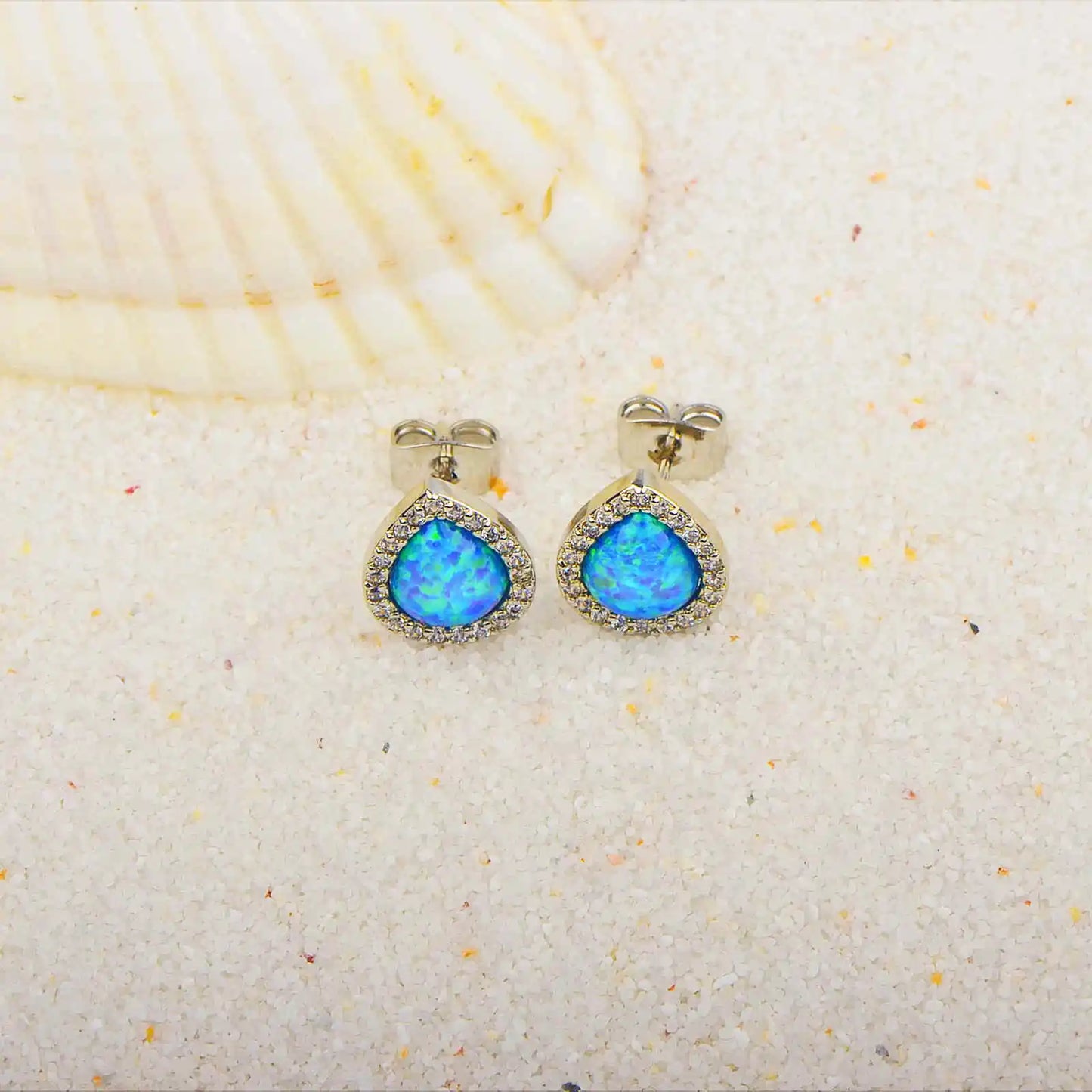 Teardrop Opal Halo Stud Earrings - Blue Fire Opal & Paved CZ Frame Design | Elegant Daily Jewelry Bulk Gifts
