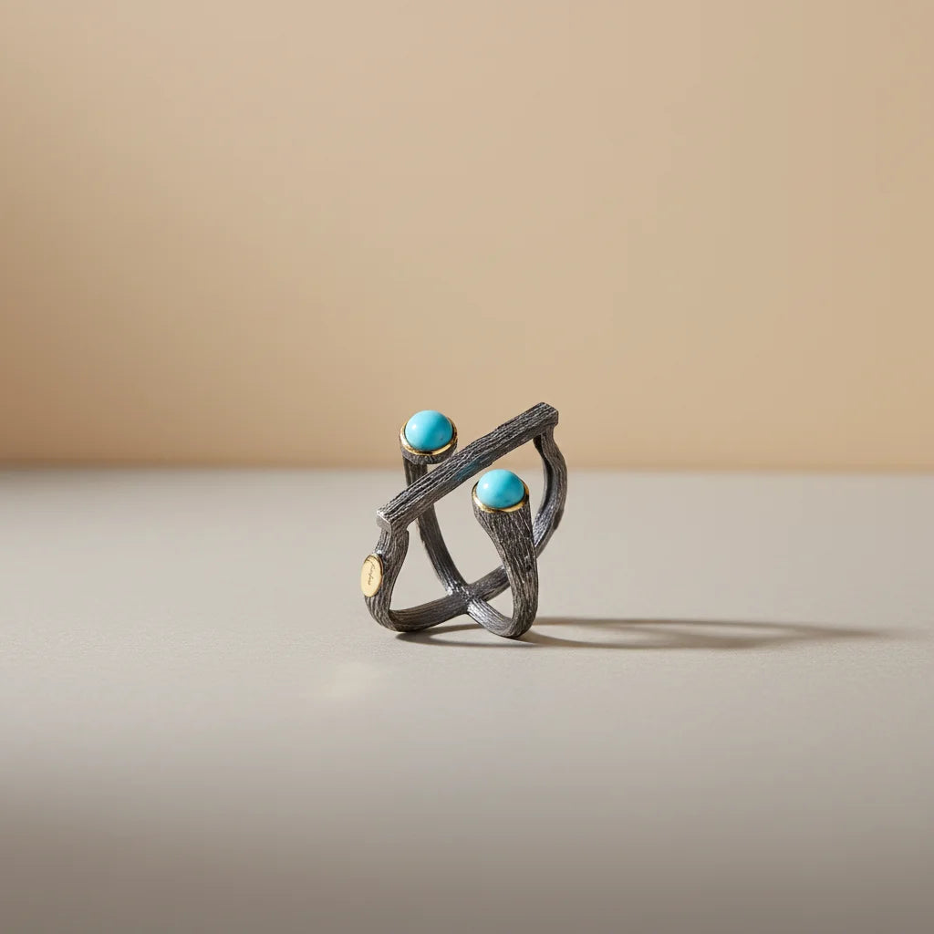 Fancy Design Turquoise 925 Sterling Silver Ring with Gold Plated