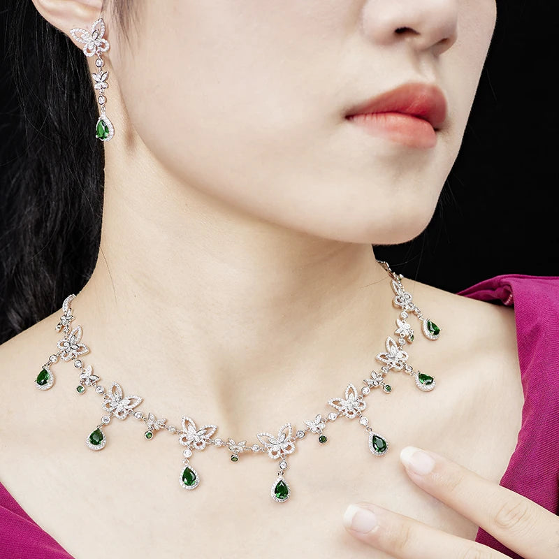 Brass Plated Gold Inlaid Zircon Colorful butterfly Necklace Earrings Bracelet Women's Banquet High-end Suit