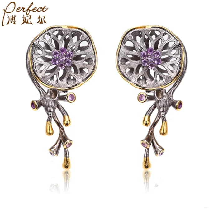 Latest Saudi Gold  Amethyst 925 Sterling Silver Ladies Earrings with Gold Plated