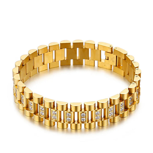 KALEN Hip Hop CZ Gold Silver Titanium Stainless Steel Biker Belt Bracelet for Men