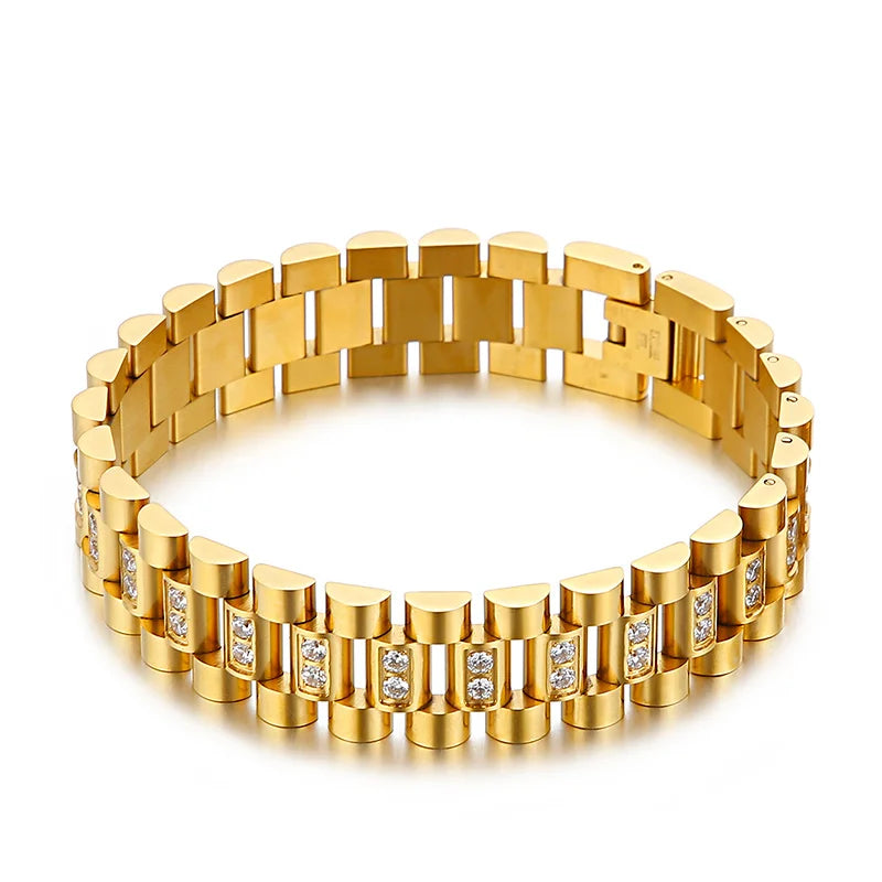 KALEN Hip Hop CZ Gold Silver Titanium Stainless Steel Biker Belt Bracelet for Men