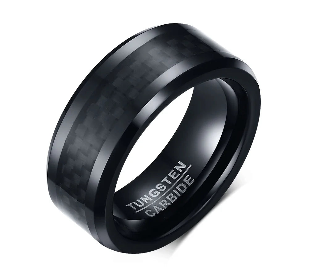 POYA Jewelry 8mm Black Tungsten Ring Inlaid Black Carbon Fiber One Piece MOQ