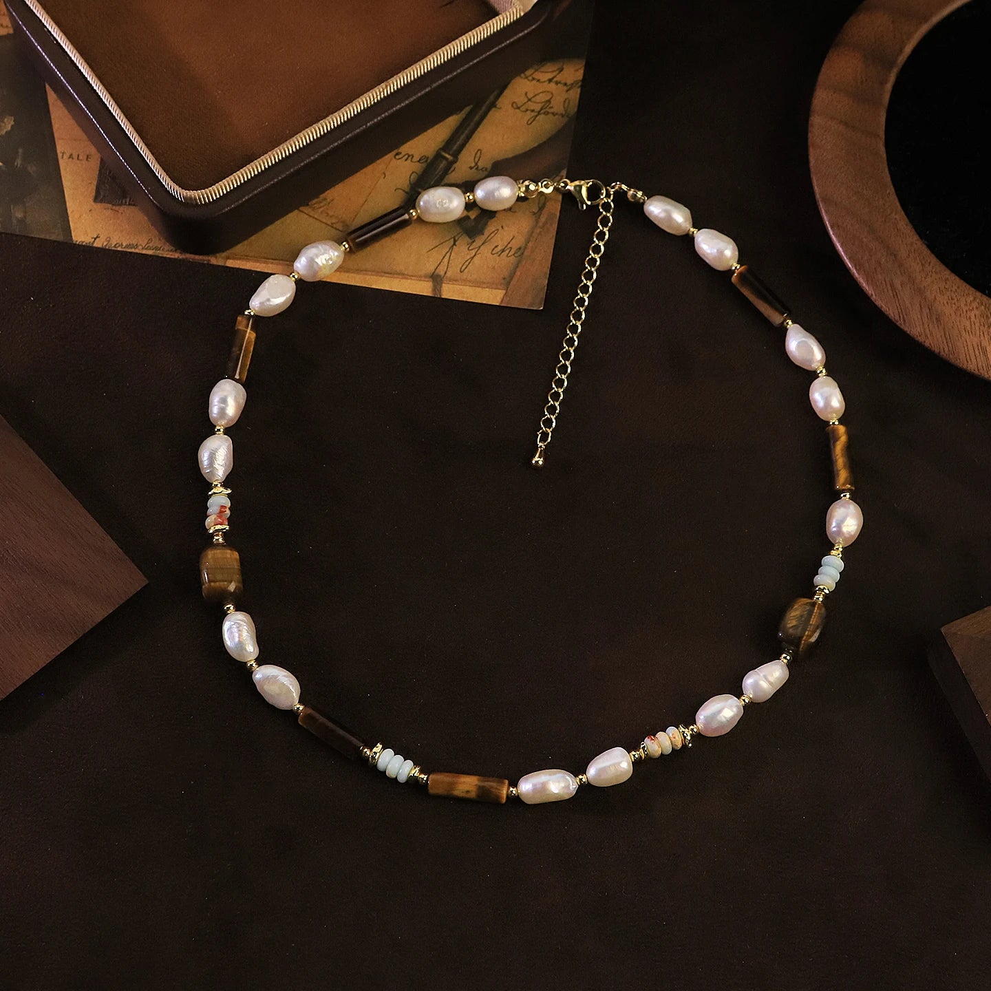 Natural Freshwater Pearl Tiger Eye Shoushan Stone Beaded Necklace for Women Daily Wear Vacation Retro Necklace Bohemian Jewelry