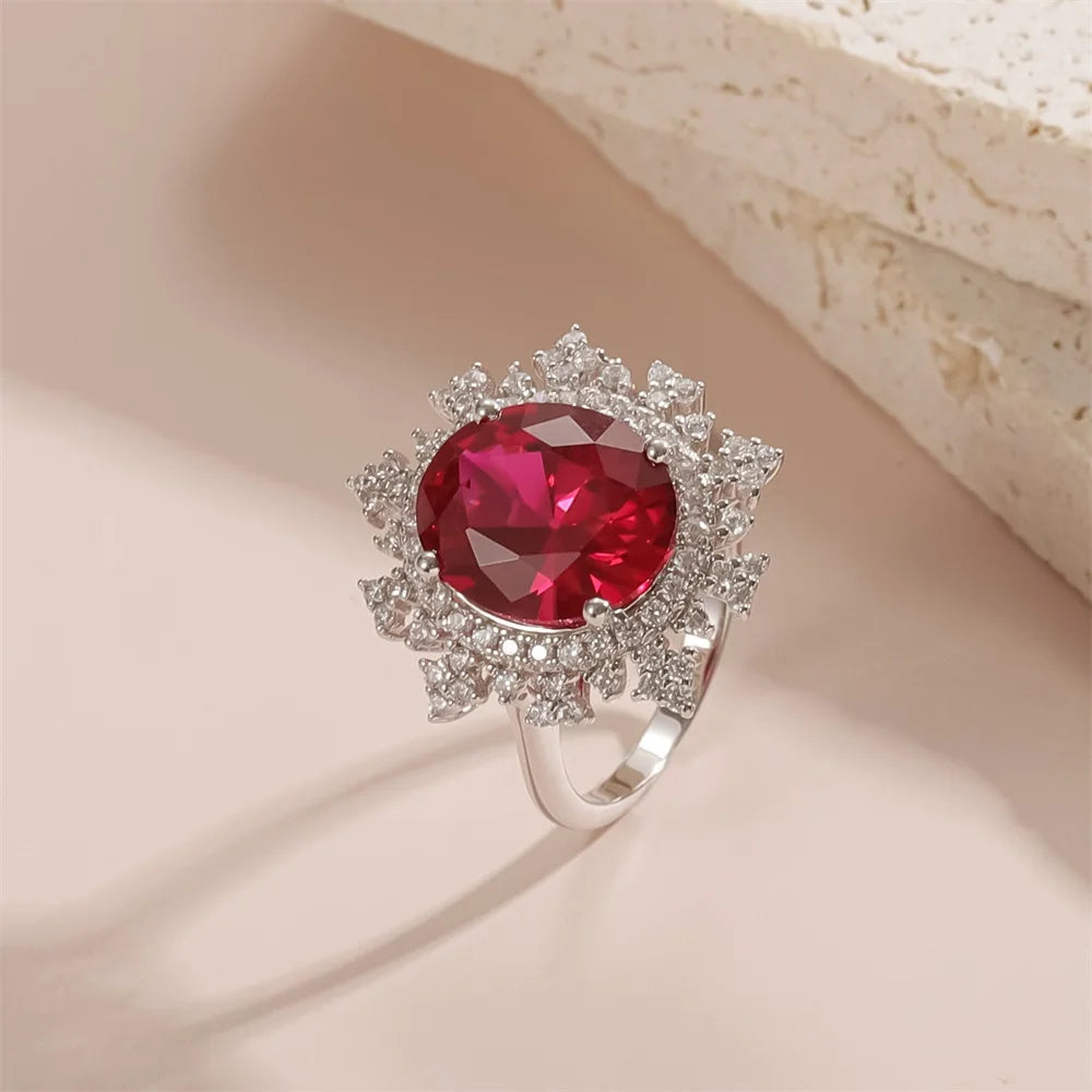 ArtistA Luxury 925 Silver Big Main Stone Fancy Oval Cut 10x12mm Pinkish Red Lab Grown Ruby Women Ring for Dinner Party Cocktail Ring