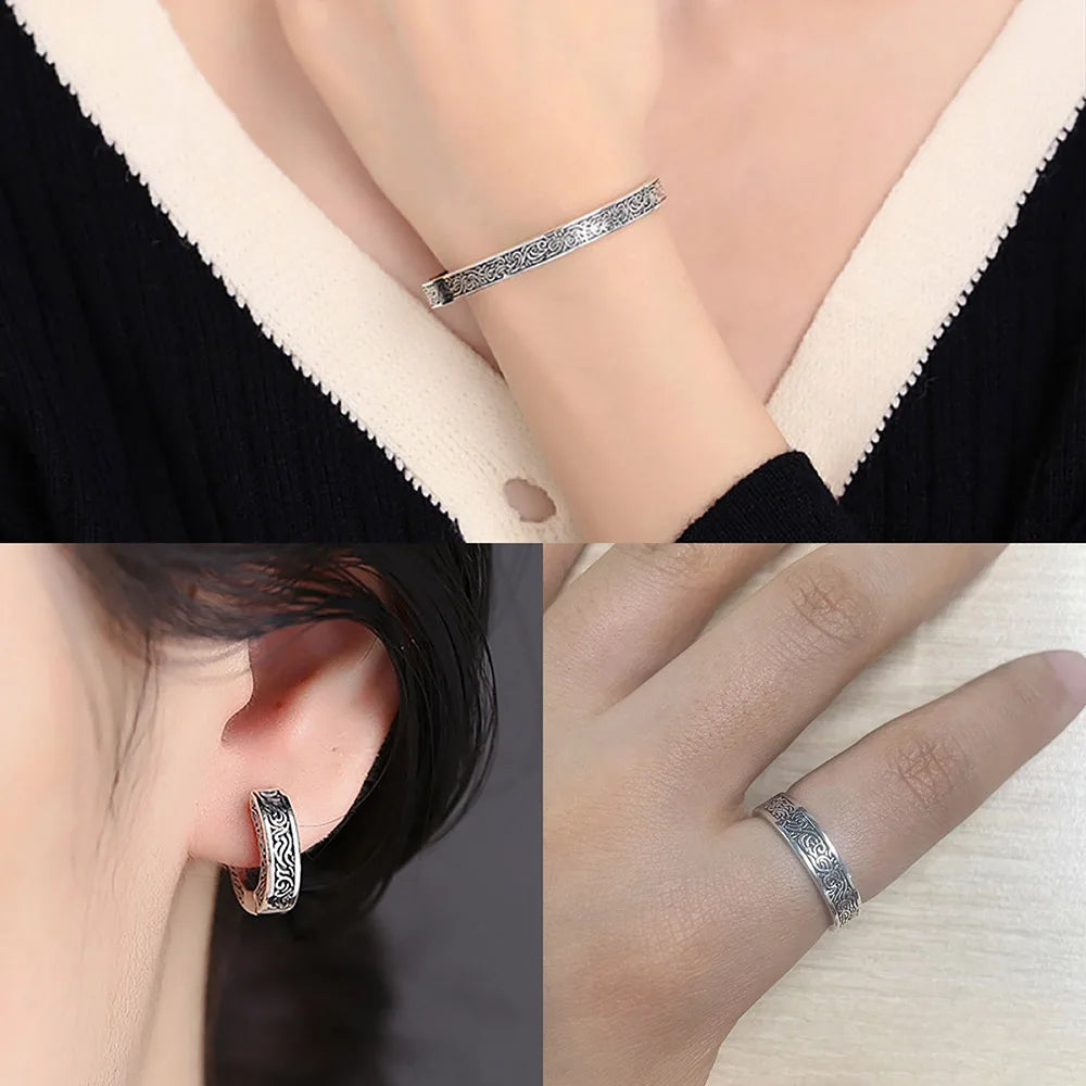 REBEL 925 Sterling Silver Vintage Plant Pattern Jewellery Set