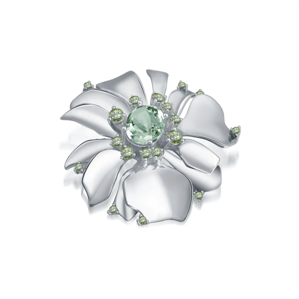 ArtistA Delicate Exquisite 925 Sterling Silver Natural Green Amethyst Blossom Flower Brooch Pin Peony Brooches for Clothing Decor