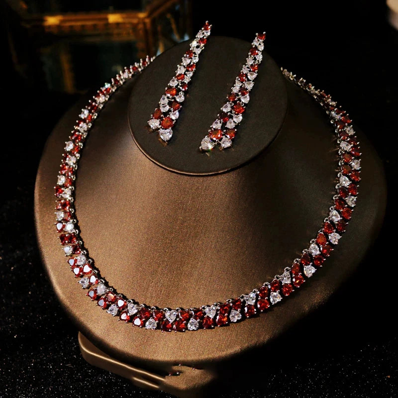 Luxury All-Around Cushion-Cut Zirconia Flower Statement Necklace & Drop Earrings Set — Silver Plated