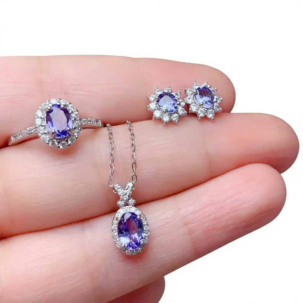 TrendyFashion Designer Luxury Silver 3-Piece Jewelry Set Necklace Earrings Ring for Women Wedding Engagement Gift