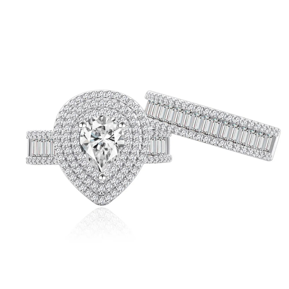 MuShan Jewelry Factory New Micro Inlaid Diamond Water Drop Pair Ring S925 Pure Silver Zircon Ring for Women Fashion Set
