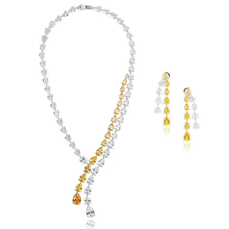 Luxury Pear-Cut Cubic Zirconia Water Drop Tassel Necklace & Earrings Romantic Middle Eastern Bridal Set — Rhodium Plated