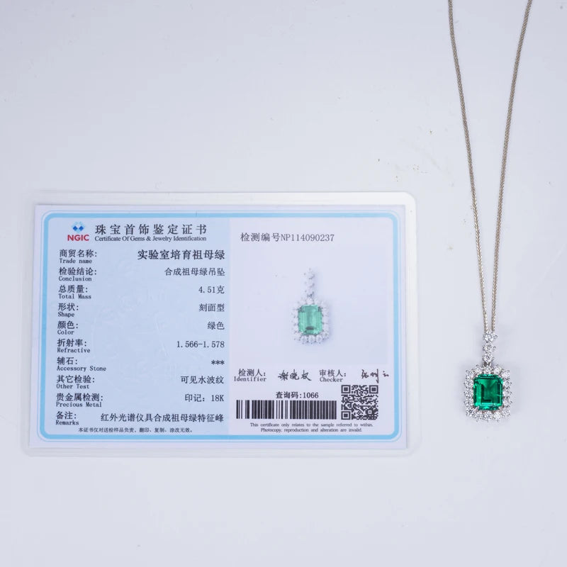 Messi Jewelry MSN-528 18k White Gold Emerald Cut Lab Grown Emerald Pendant Necklace