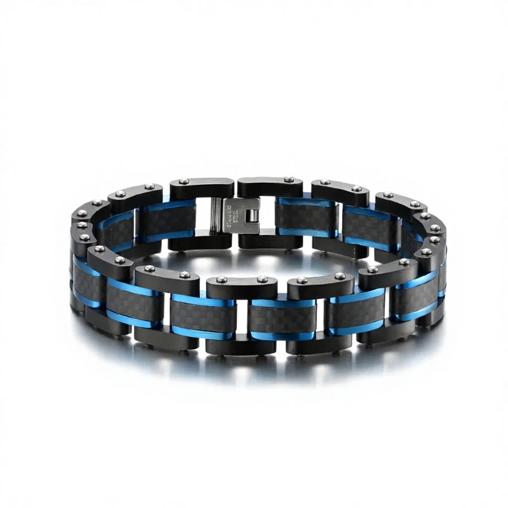 REBEL Men's Trendy Carbon Fiber & Stainless Steel Chain & Link Geometric Bracelet Black/Blue Zinc Plated Party Jewelry Model AS-SL-003