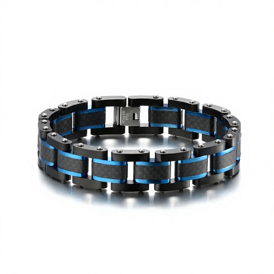 REBEL Men's Trendy Carbon Fiber & Stainless Steel Chain & Link Geometric Bracelet Black/Blue Zinc Plated Party Jewelry Model AS-SL-003