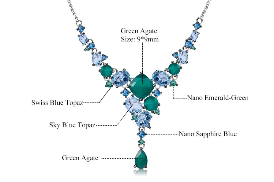 ArtistA Abiding Luxury Cluster Setting Silver Natural Green Agate Blue Topaz Multi-Stone Y-Necklace Ring and Dangle Drop Earrings Set