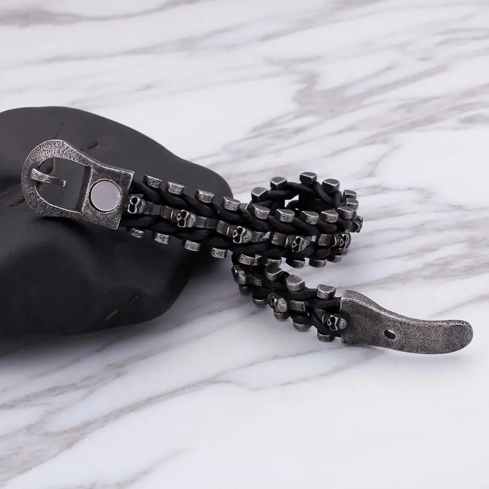 KALEN Charm Mens Skull Jewelry Leather Rope Braided Bracelet Handmade Stainless Steel Black Matte Punk Bracelets for Men