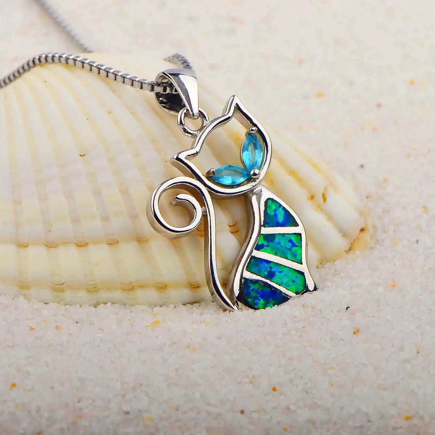 Aobao Opal Kitten Collar Chain Blue Opal Inlaid Cat Pendant TikTok Ins Style Jewelry Wholesale