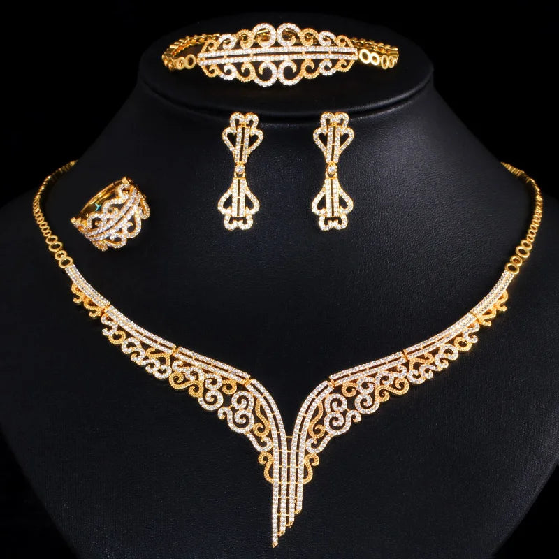 S&S 4-Piece CZ Flower Bridal Jewellery Set – 18K Gold Plated – African & Dubai Style – Collection