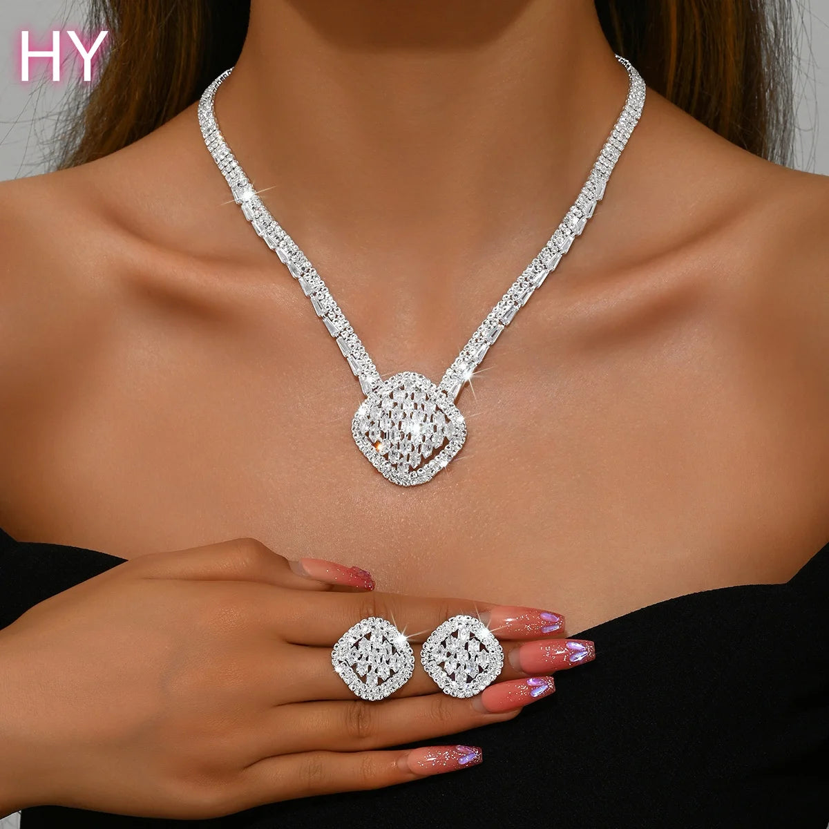 HY  Elegant Luxury Ladies Jewelry Sets Wedding Anniversary Bridal Accessories Copper Shining Earrings Necklaces for Women Set