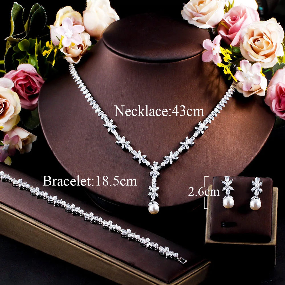 3 Pcs Silver Plated Marquise Cut CZ Crystal Wedding Jewelry Set Flower Pearl Pendants Necklace Bracelet and Earrings for Women