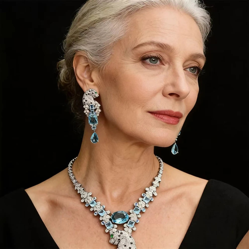 XM S36 Luxury Blue Zircon Brass Jewelry Set Silver Plated Necklace Drop Earrings Women Bridal Wedding Party Prom Jewelry
