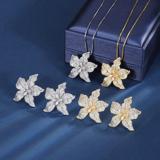 Gemfiori European and American Fashion Flower Ring Pendant Personalized Temperament Lily Elegant Set Sweet Wind Jewelry