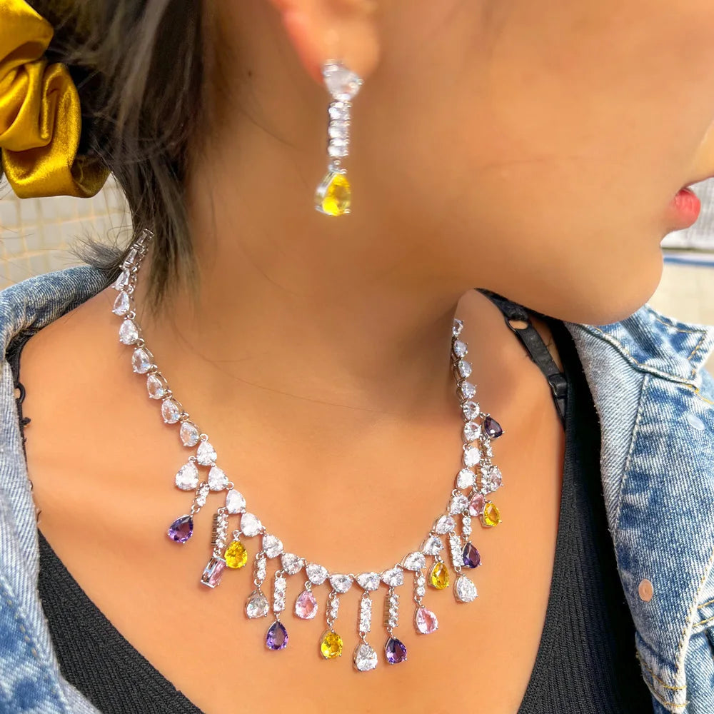 Silver Plated Full Water Drop Multicolor Cubic Zircon Stone Tassel Necklace and Earring Prom Engagement CZ Jewelry Set for Women