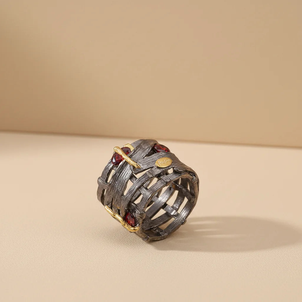 Handmade Garnet Stone Lone Finger 925 Sterling Silver Ring with Black Gold Plated
