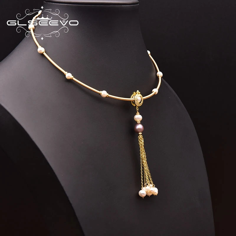 Natural Freshwater Pink Baroque Pearl Necklace for Woman Handmade Tassel Pendant Chain Style Vintage Jewelry Wholesale