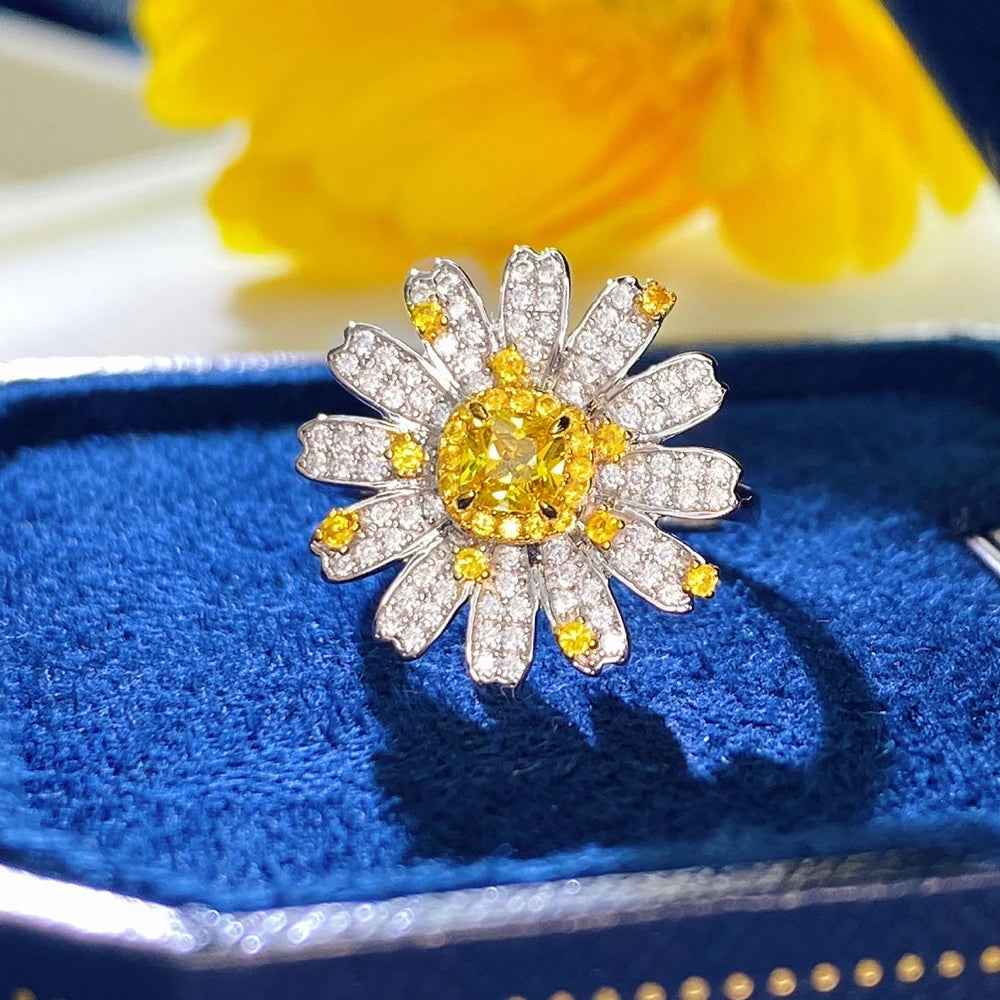 MuShan Jewelry Factory S925 Square 4*4 Floral Jewelry for Women Fashionable Personalized Luxurious and Creative Daisy Ring