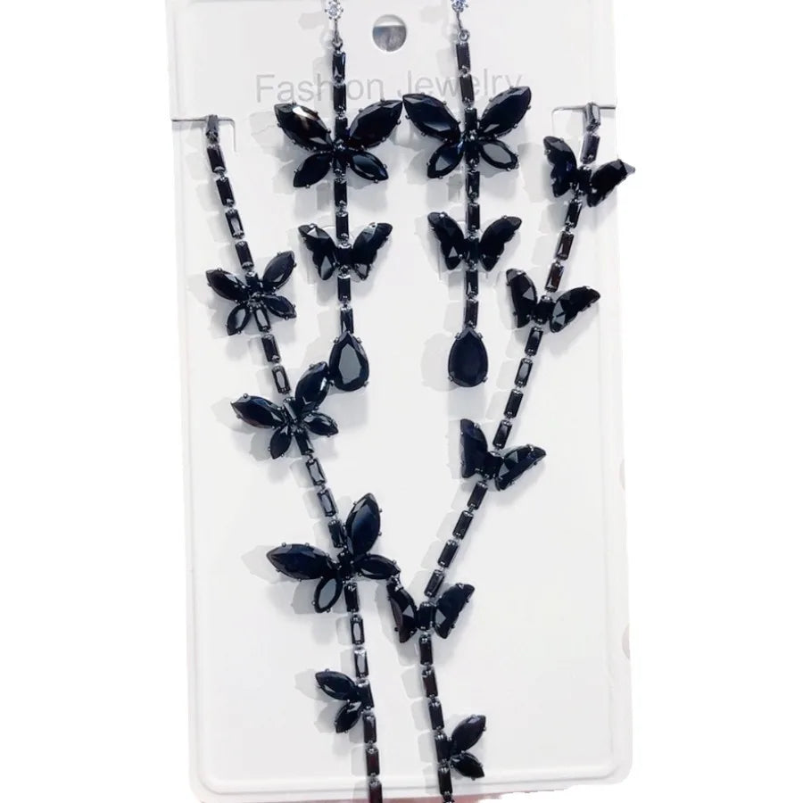 K029 High End Fashion Luxurious Exquisite Black Zircon Butterfly Necklace and Earrings Set Women Classic Jewelry Set