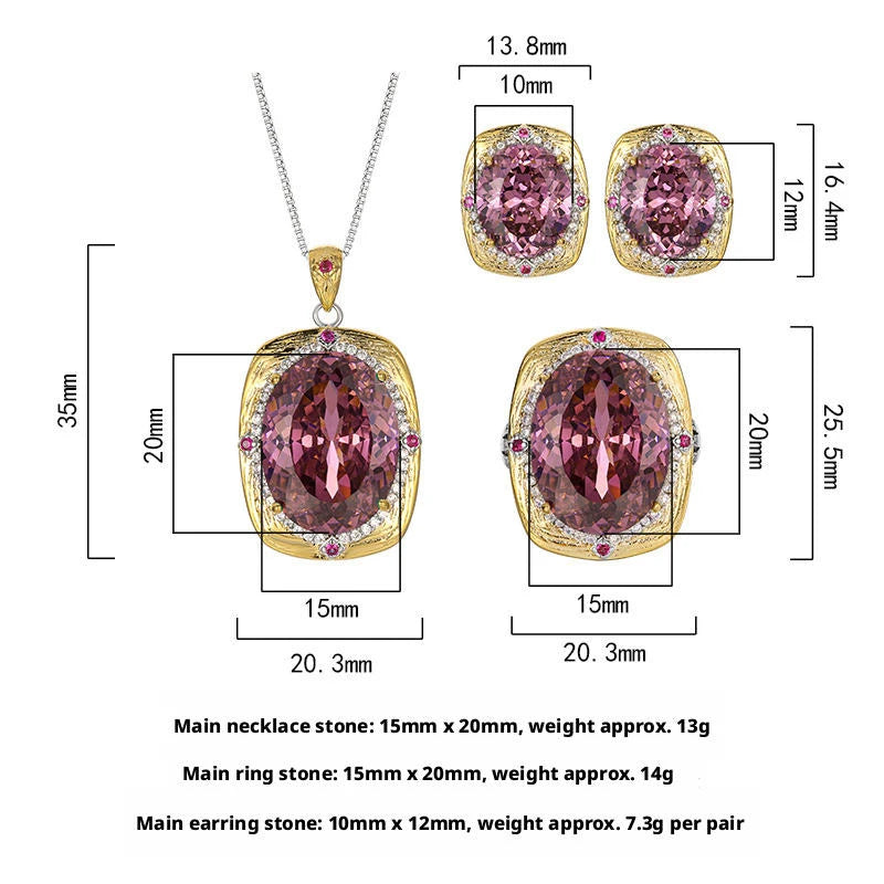 Gemfiori New Fashion Vintage Royal Elegant Jewelry Cushion Cut Purple Gem Halo Pendant Necklace Earrings Ring Luxury Party Gifts for Her