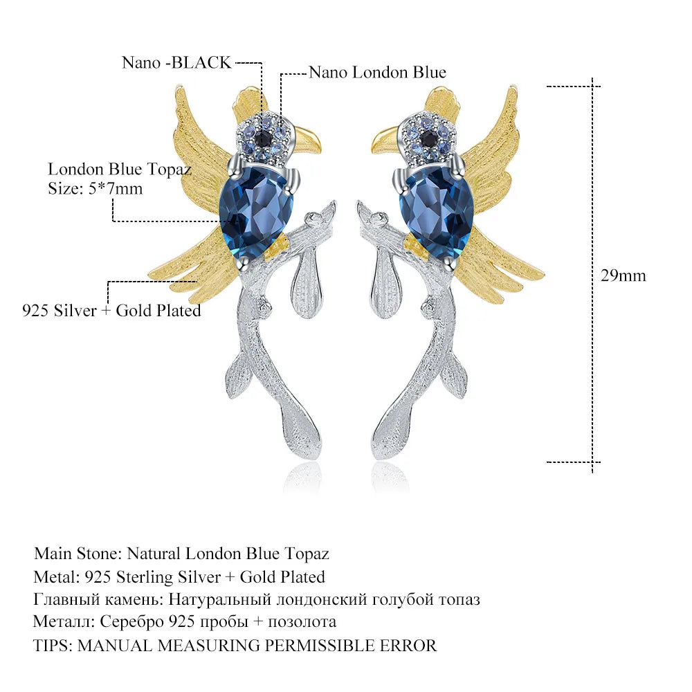 ArtistA C7771 Abiding Cute Natural Blue Sapphire Gemstone 925 Sterling Silver Animal Bird Ring Earrings Jewelry Set