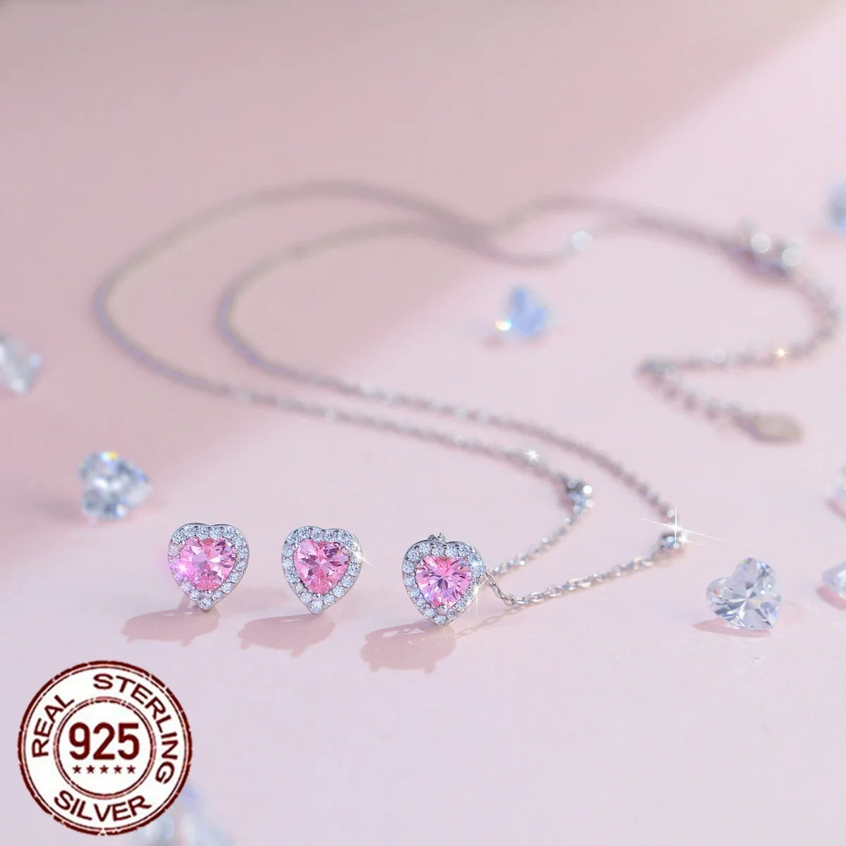 925 Sterling Silver Rhodium Plated CZ Pendant Necklace & Earrings Set with Pink Heart Cut for Women-Wedding Engagement Gift