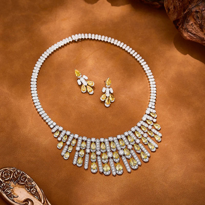 Bridal Luxury Pear Cut Yellow Zirconia Necklace Earrings 2-piece Set High Quality Brass Jewelry Anniversary Gift