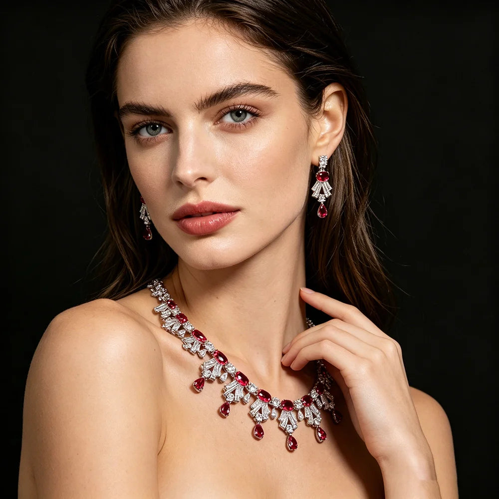 XM S314 Oval Cut Zircon Art Deco Statement Necklace & Drop Earrings Set