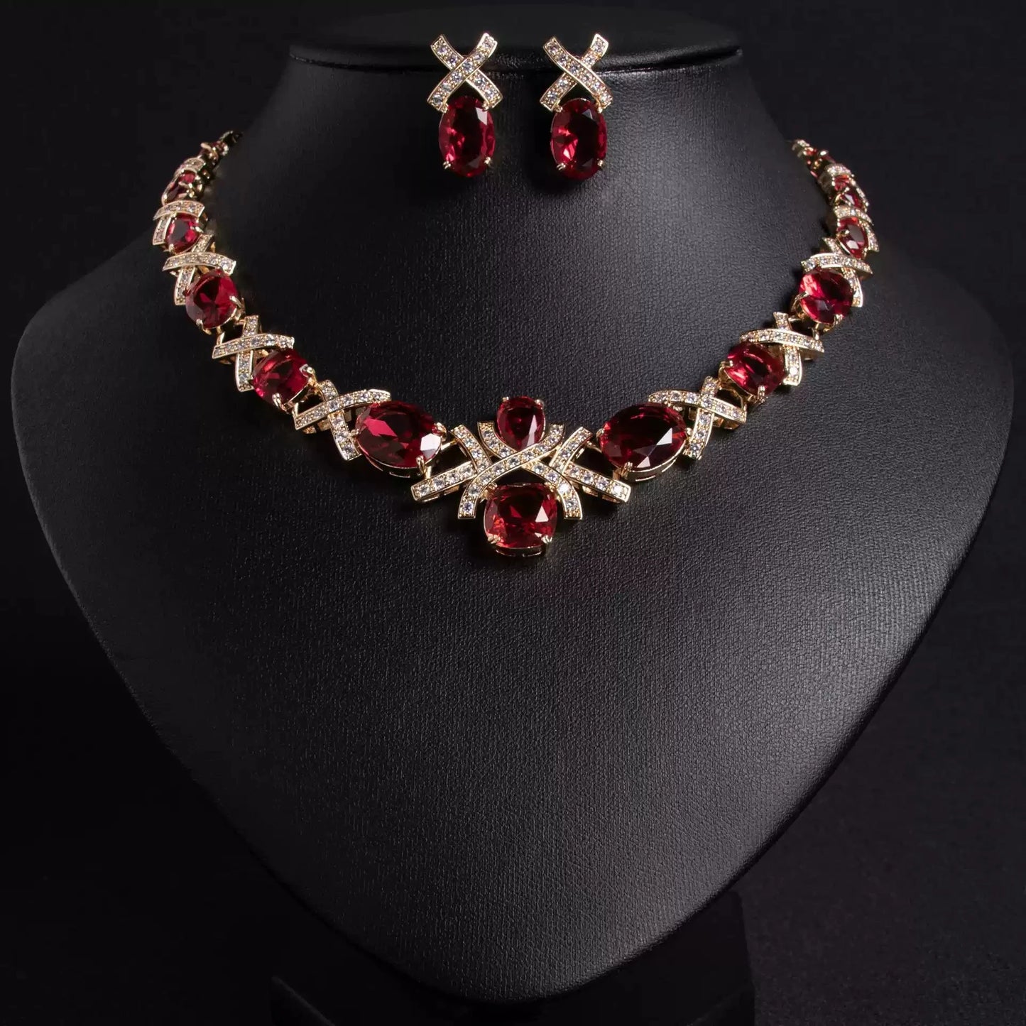 XM S299 Gold Plated Oval Cut Zircon Floral Statement Necklace & Earrings Bridal Set