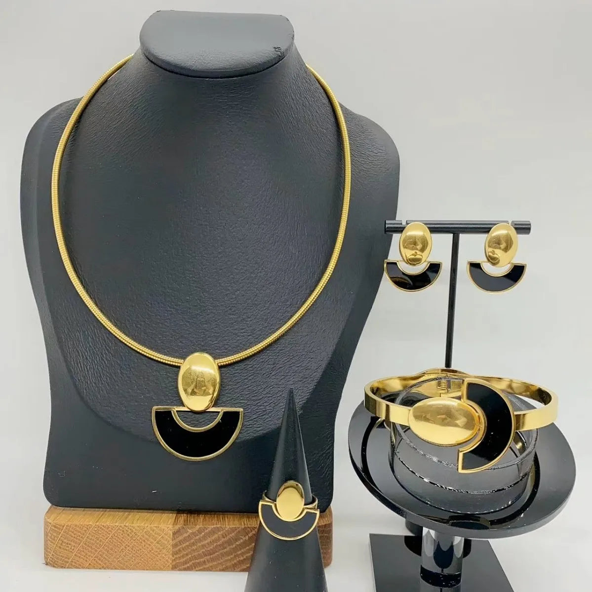 Pearl Choker & Enamel Oil Drop Earrings Jewellery Set | Half-Circle Stainless Steel Fashion Set