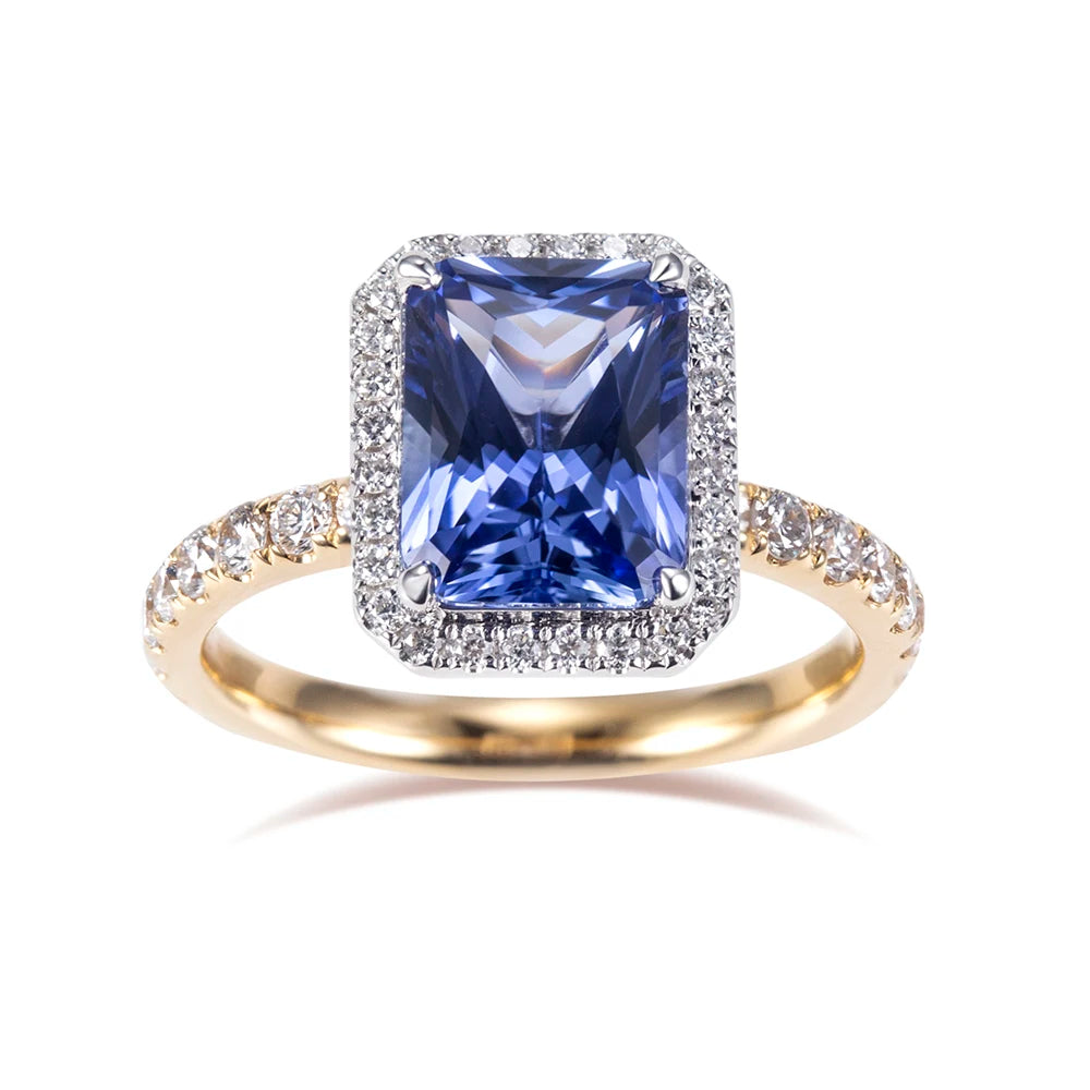 MSR-1596 Customized Jewelry 18K Yellow Gold Emerald Shape 7*9 Royal Blue Lab Grown Gemstone Ring