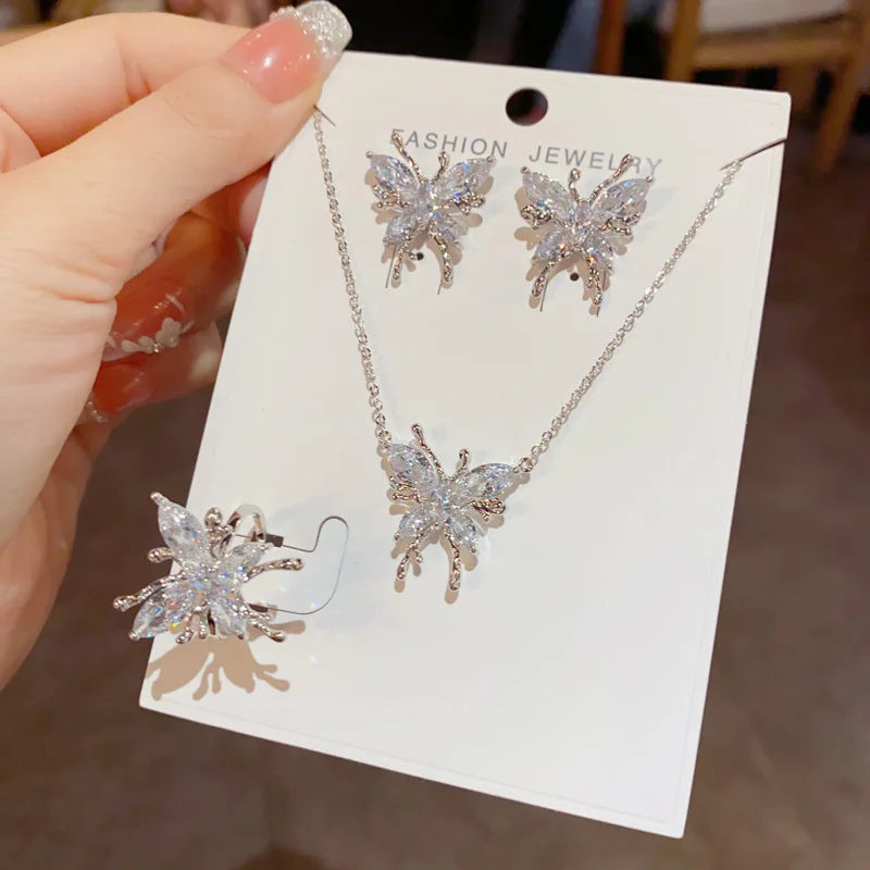 Hot Selling Fashion Exquisite Butterfly Necklace Earrings Ring Set with Zircon Women's  Classic Real Gold Plated Jewelry Set