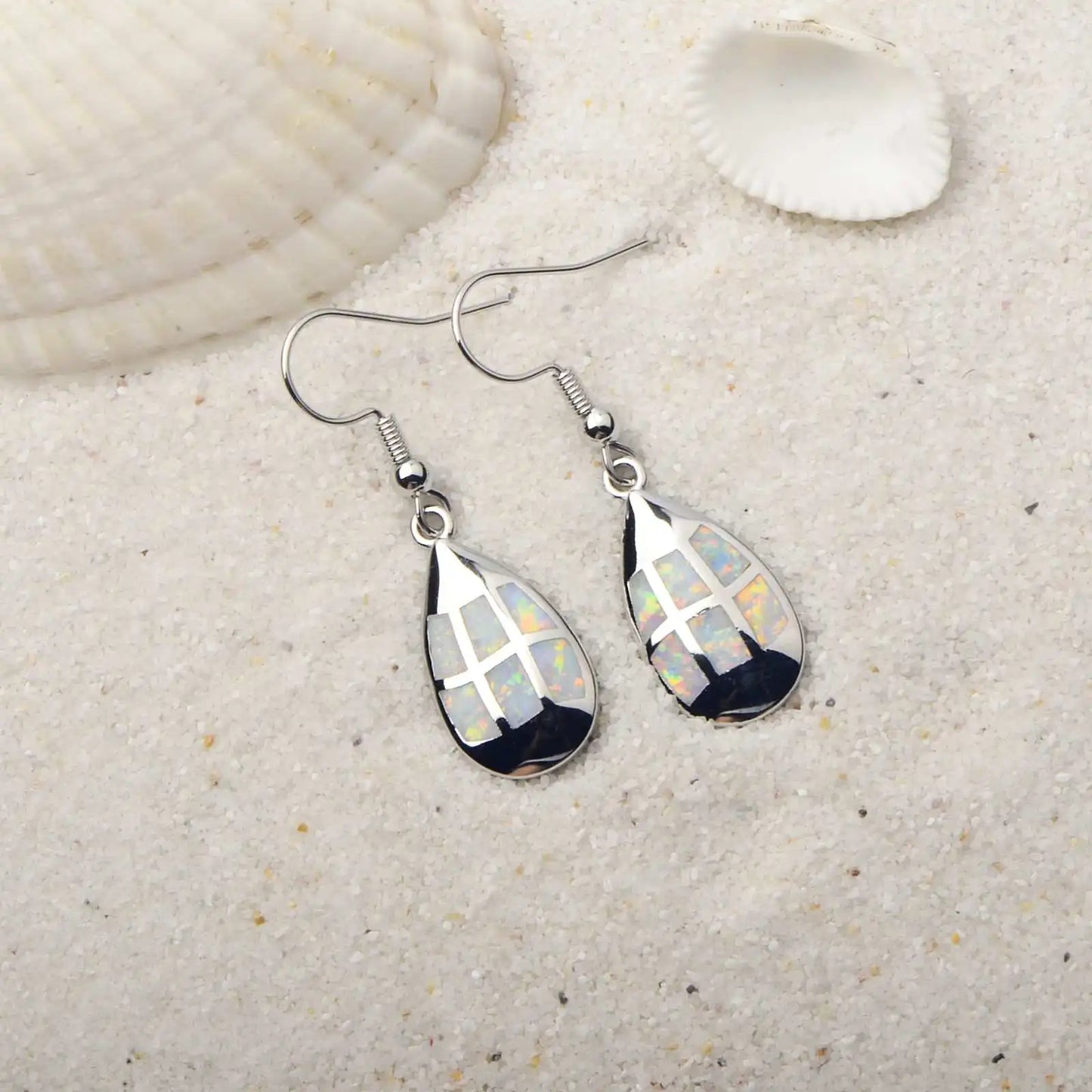 Patchwork Teardrop Opal Drop Earrings - Iridescent Opal Mosaic Design | Artistic Daily Jewelry Bulk Gifts