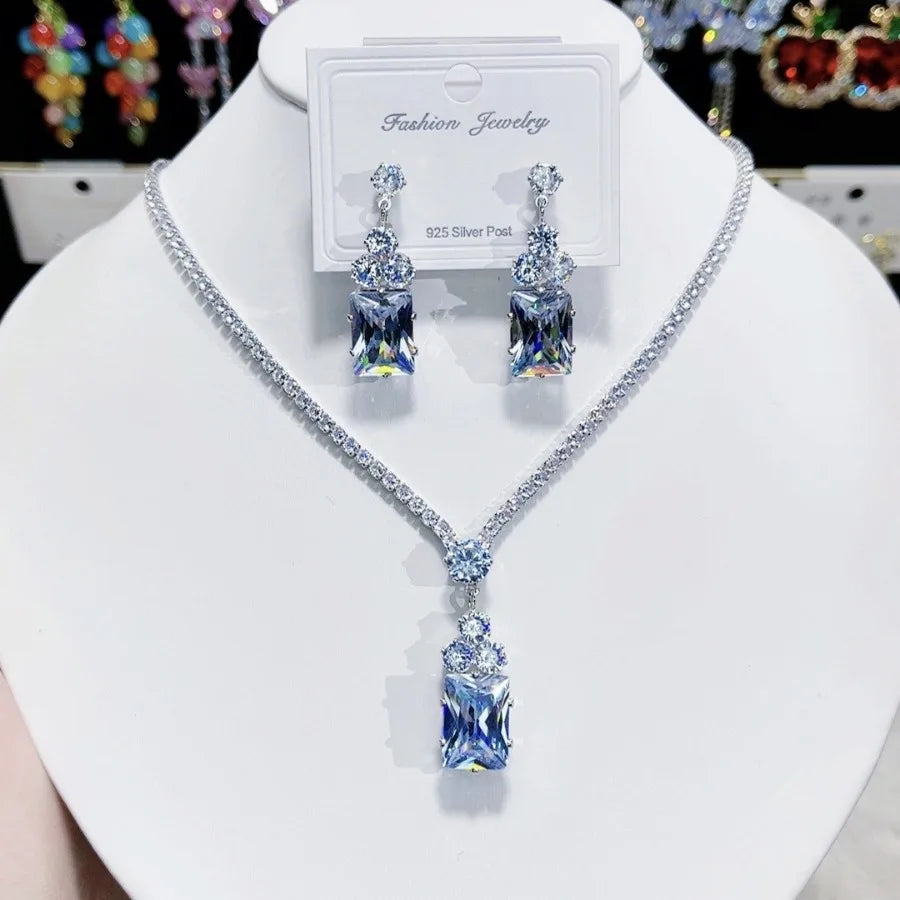 K054 Top Quality Luxury Simple Geometric Zircon Necklace Earrings Set Women Elegant Jewelry Set