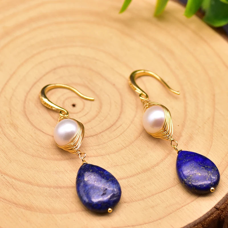 Natural Lapis Lazuli Pearl Temperament Drop Earrings for Women Girls Party Gift Original Design Luxury  Earrings Bulk