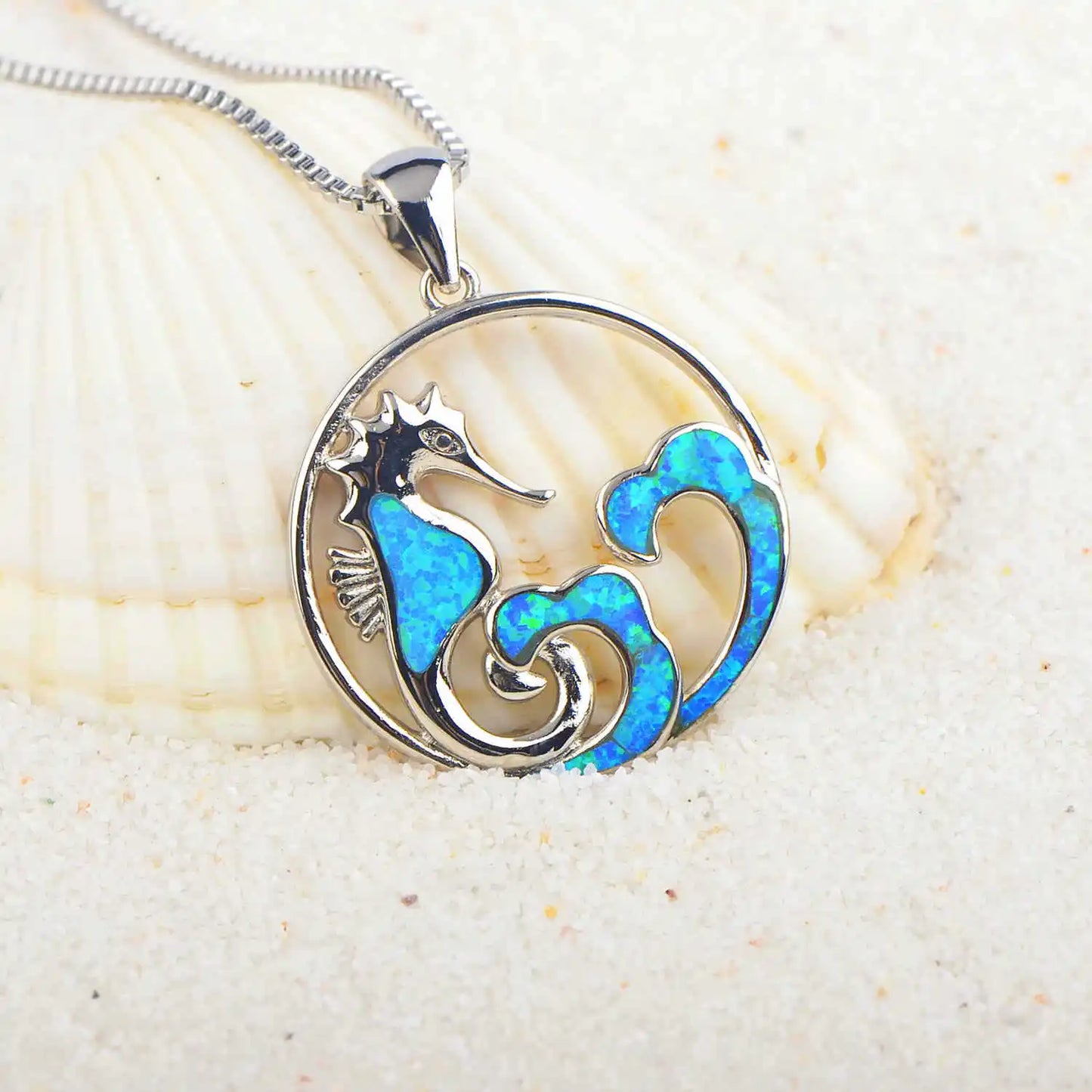 Aobao Christian Copper Link Chain Seahorse Opal Necklace Wave Pendant Sweater Chain