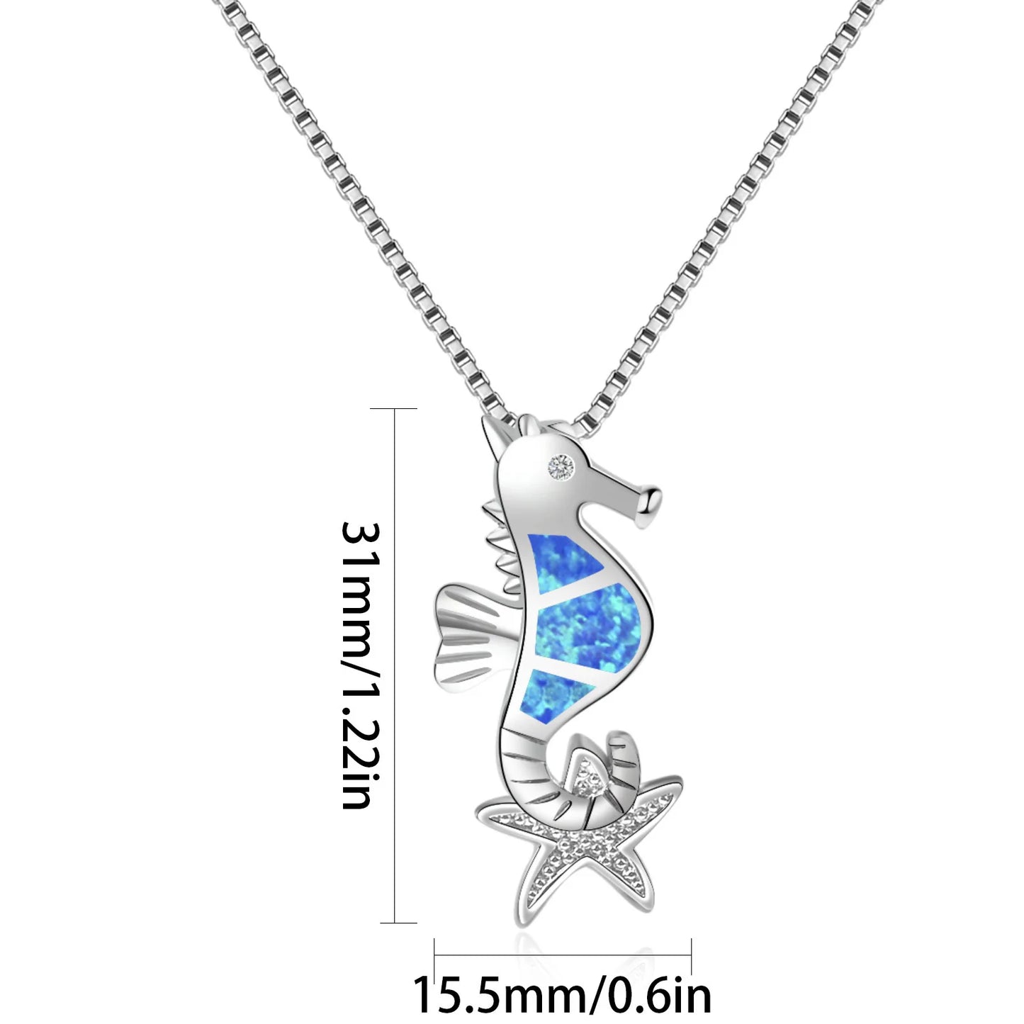Aobao Christian Cute Silver Plated Women's Blue Opal Hippocampus Pendant Necklace with Link Chain Inlaid with Lab Created Opals