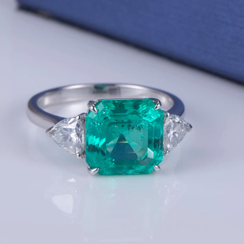 Gemfiori Messi Jewelry MSR-645 18K Gold Three Stone Engagement Ring 3CT Asscher Cut Lab Grown Emerald Ring