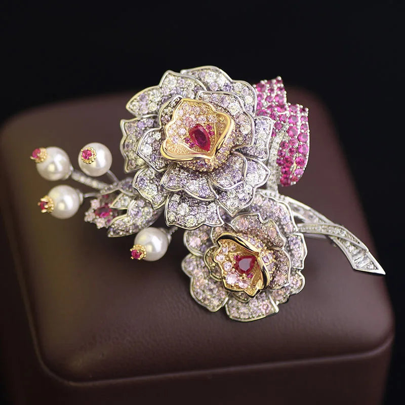 High-end Vintage Camellia Zircon Rhodium Plated Brass Brooch Pin Women Engagement Wedding Party Birthday Gift Fashion