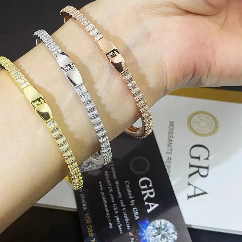 Hop Style Men's Women's 925 Sterling Silver Iced VVS Baguette Moissanite T Square Cuban Link Bracelet Bangle Set