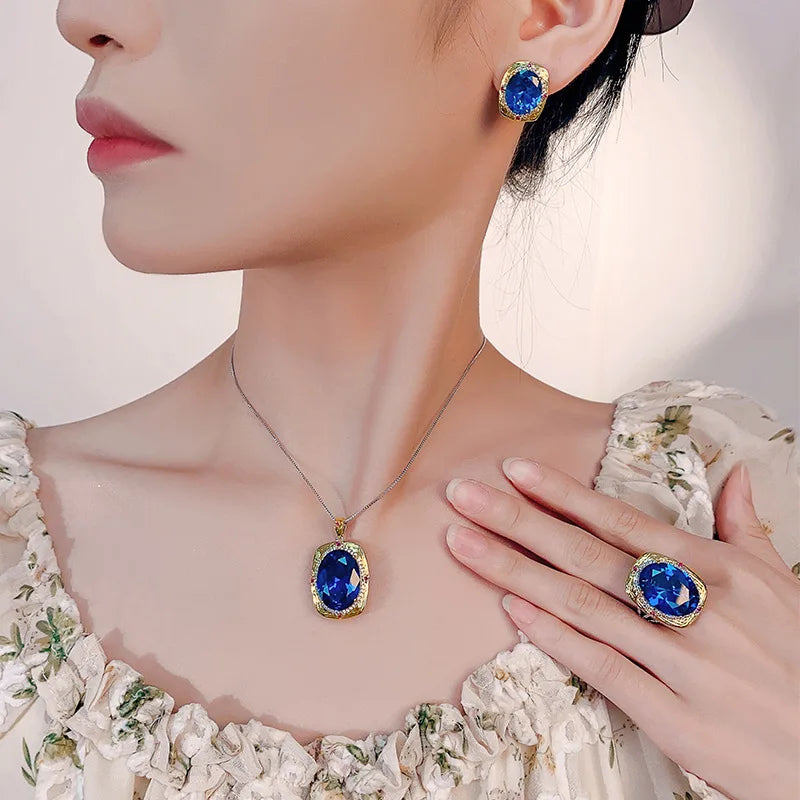 Gemfiori New Fashion Vintage Royal Elegant Jewelry Cushion Cut Purple Gem Halo Pendant Necklace Earrings Ring Luxury Party Gifts for Her